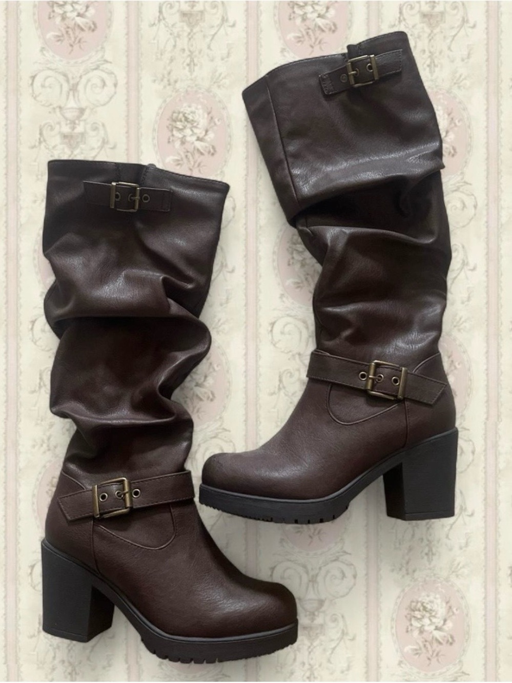 Women’s Slouchy Knee-High Buckle Boots in Dark Brown
